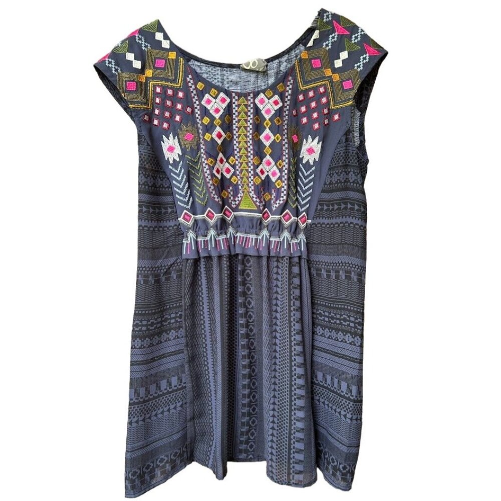 One September  Embroidered Boho‎ Tunic Dress S Navy  Cap Sleeve